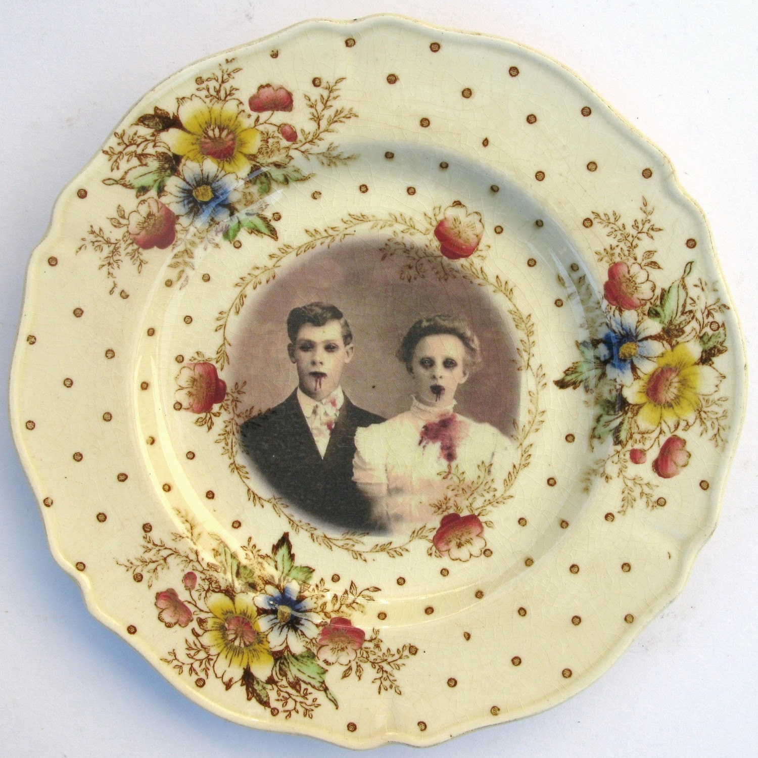 SALE - Zombie Love, Wedding Portrait - Altered Vintage Plate