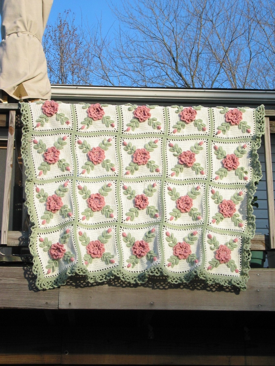 Wild Rose Crocheted Afghan Blanket Throw - Custom Made After Sale - 20 squares
