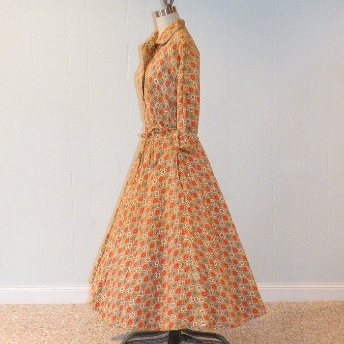 Reserved for Jenny 1950s Dress, 50s Full Skirted Dress, Quilted Medallion Print Shirtwaist Day Dress, Vintage Rockabilly, Hey Lucy