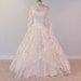 1950s 50s Wedding Dress, Ivory White Floral Chantilly Lace Tulle Beaded Sweetheart Wedding Gown, Full Skirt, Rosette Accents, Beaded Veil