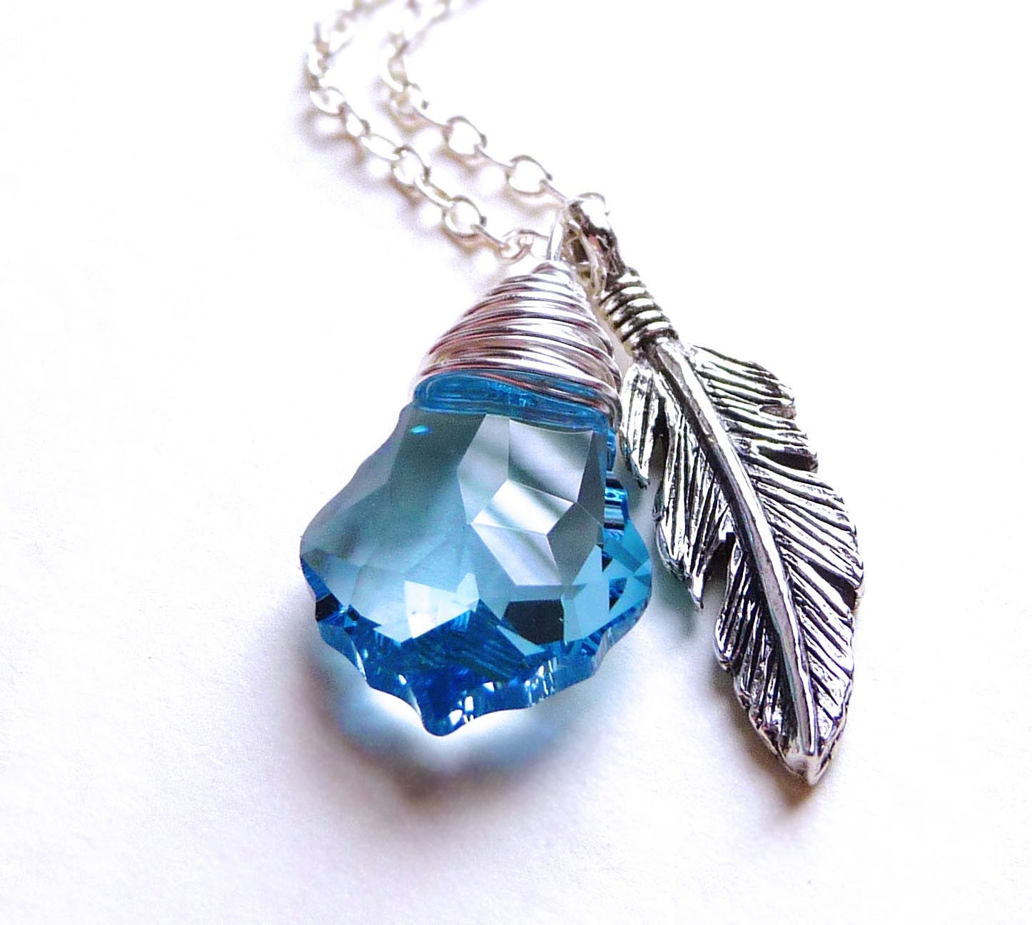 Aquamarine Blue Swarovski Teardrop Wire Wrapped Crystal and Silver Feather Charm Pendant Handmade Sterling Silver Necklace