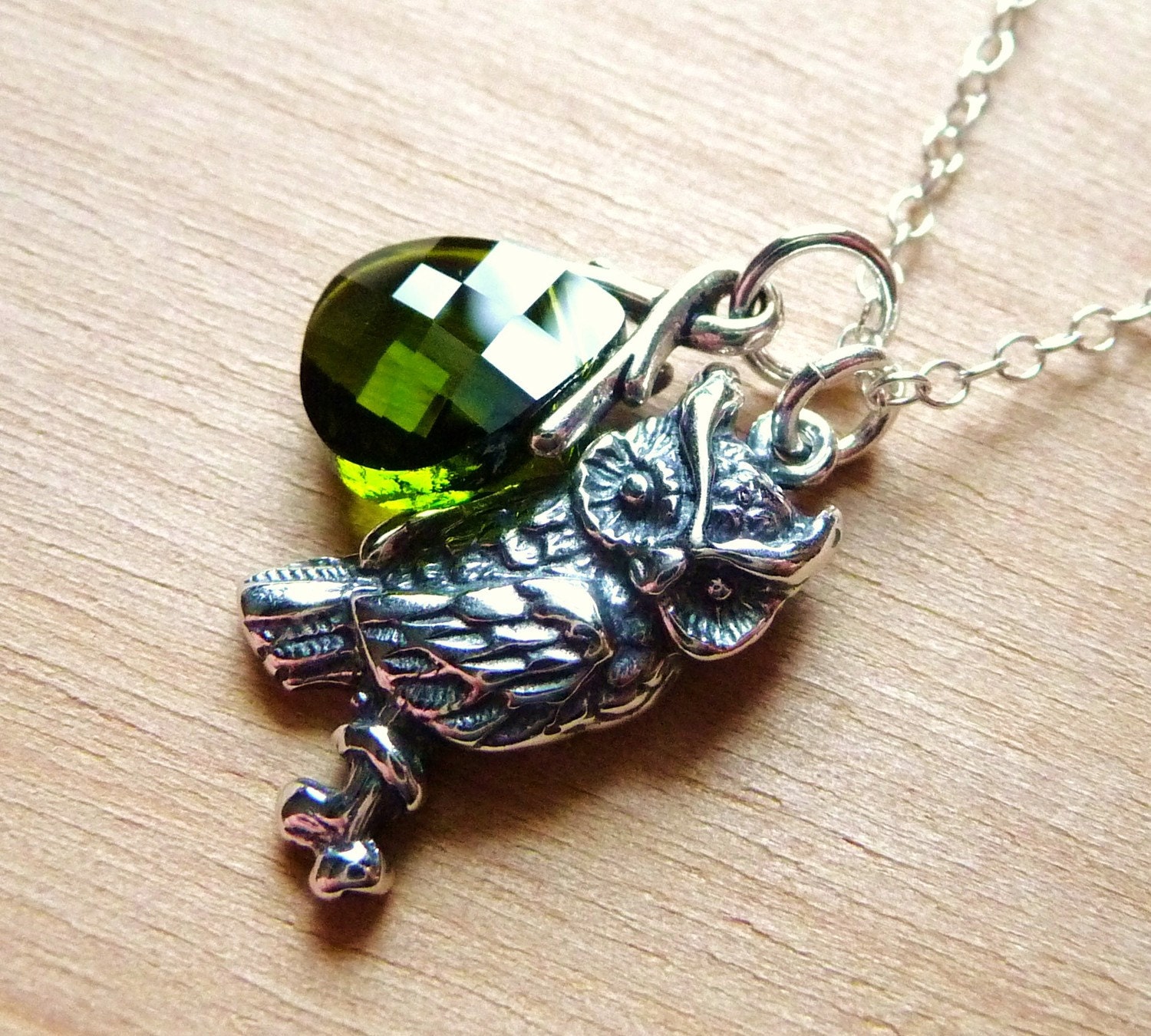 Owl Charm Necklace - Olive Green Swarovski Briolette Crystal & Sterling Silver Owl Charm, Woodland Necklace, Fashion