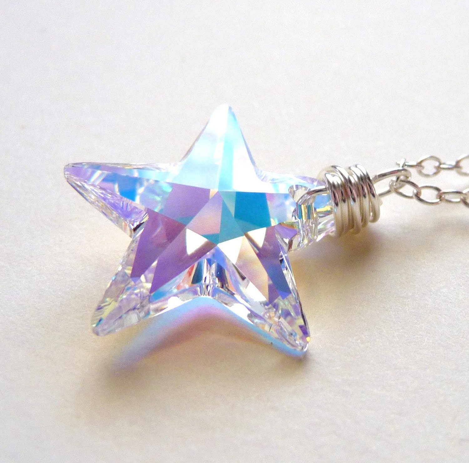 SALE 10% OFF Star Necklace, Aurora Borealis Crystal Star - Swarovski AB Wire Wrapped Glass Crystal Handmade Sterling Silver Necklace - JBMDesigns