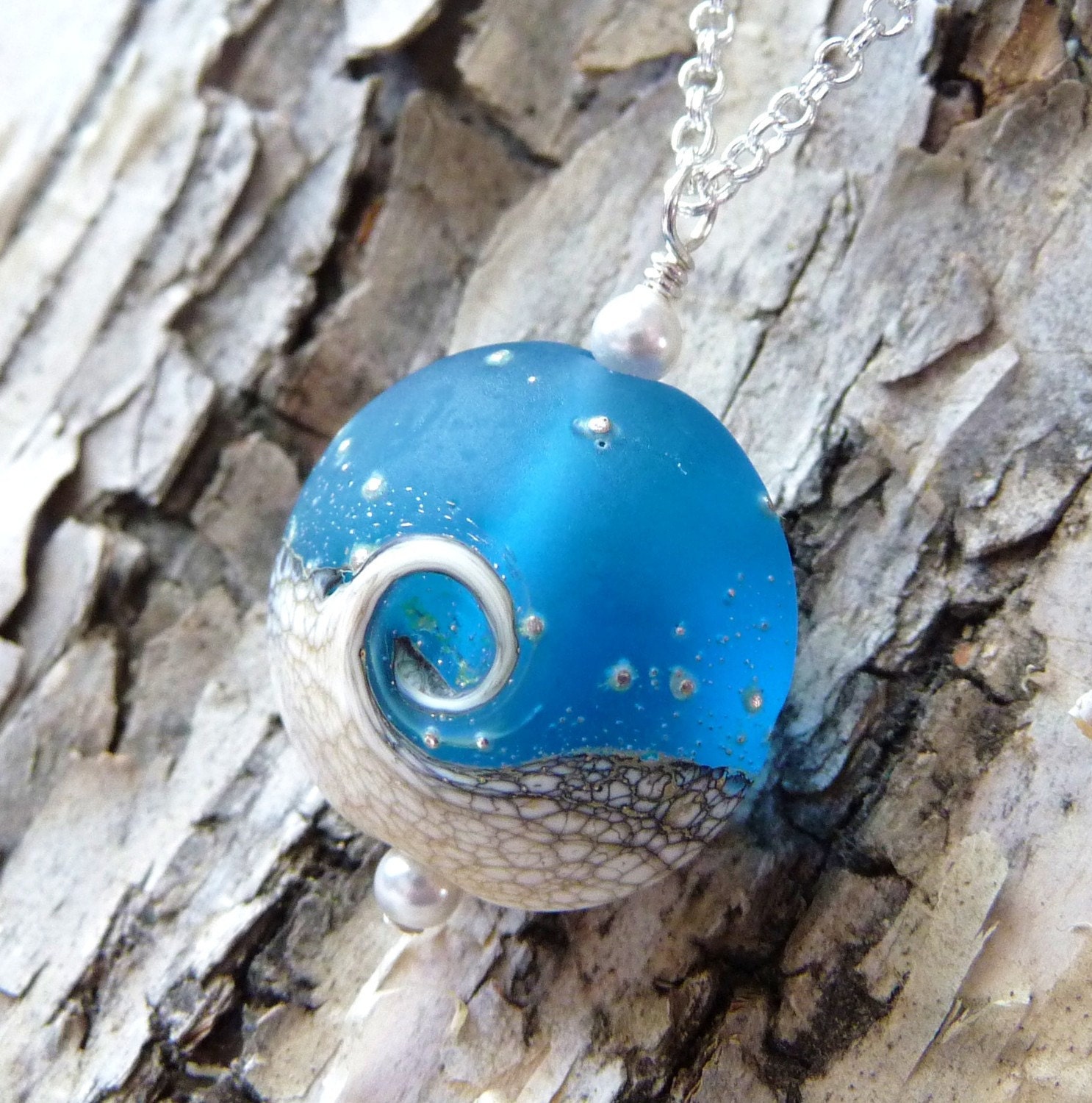 Ocean Wave Necklace, Blue Wave Lampwork Pendant Necklace, Frosted Blue & White Lentil Bead, Handmade, Nautical, Sea, Fashion