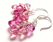 Swarovski Cluster Dangle Earrings, Rose Pink Crystals, Sterling Silver, Wire Wrapped, Handmade, Zinfandel