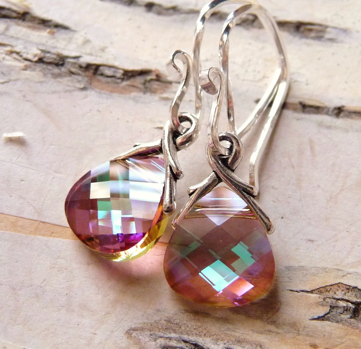 Swarovski Crystal Briolette Earrings, Golden Rose & Light Violet Crystal Sterling Silver Handmade Earrings, JBMDesigns, Fashion