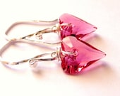 Pink Swarovski Heart Earrings, Wild Heart Indian Pink Crystal Wire Wrapped Sterling Silver, Fashion, Under 25