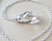 Swarovski Ice Clear Crystal Necklace, Wire Wrapped Glass Helix Teardrop, Sterling Silver Necklace, Bridal Necklace, Winter, Snow
