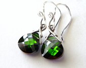 Green Swarovski Crystal Briolette Earrings, Rich Olive Green Crystal Sterling Silver Fancy Earrings, JBMDesigns, Woodland Green