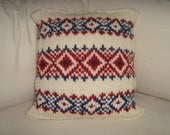 Hand Knitted Pillow Cover - Wool - Rug Carpet Patterned - Red Blue Cream - americana decor - Innendekoration - geometric home decor
