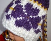 3 to 6 Month Baby Earflap Beanie Hat - white, purple, yellow, flower - Hand Knitted