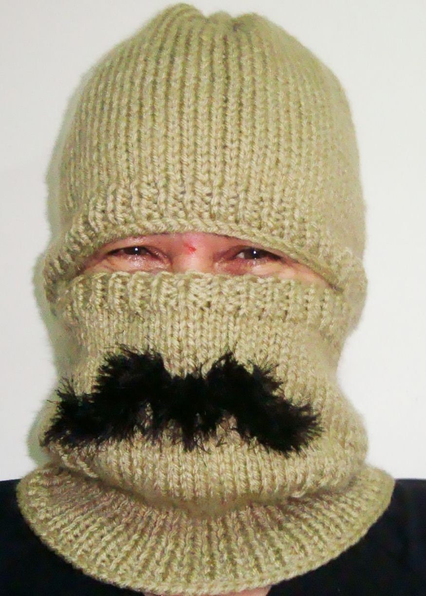 Hand Knit Hat Mens Hat - Mustache Hat in Beige Black Balaclava Fashion Accessories