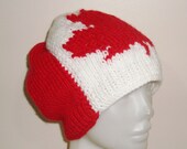 Canadian Flag Womens Beanie Hat - Maple Leaf Design Hat - Hand Knit - Red, White