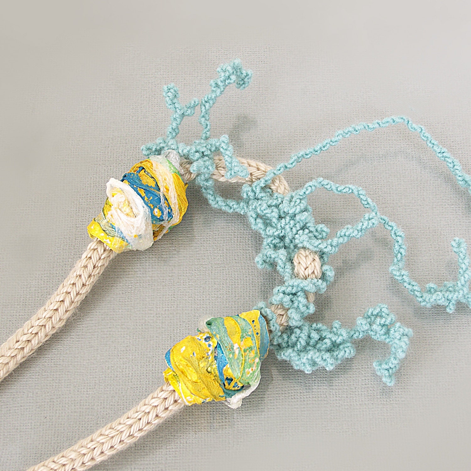 textile necklace w/ textile beads - blue / tan / yellow / teal / white