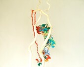textile necklace - fiber necklace - green / orange / light blue / white
