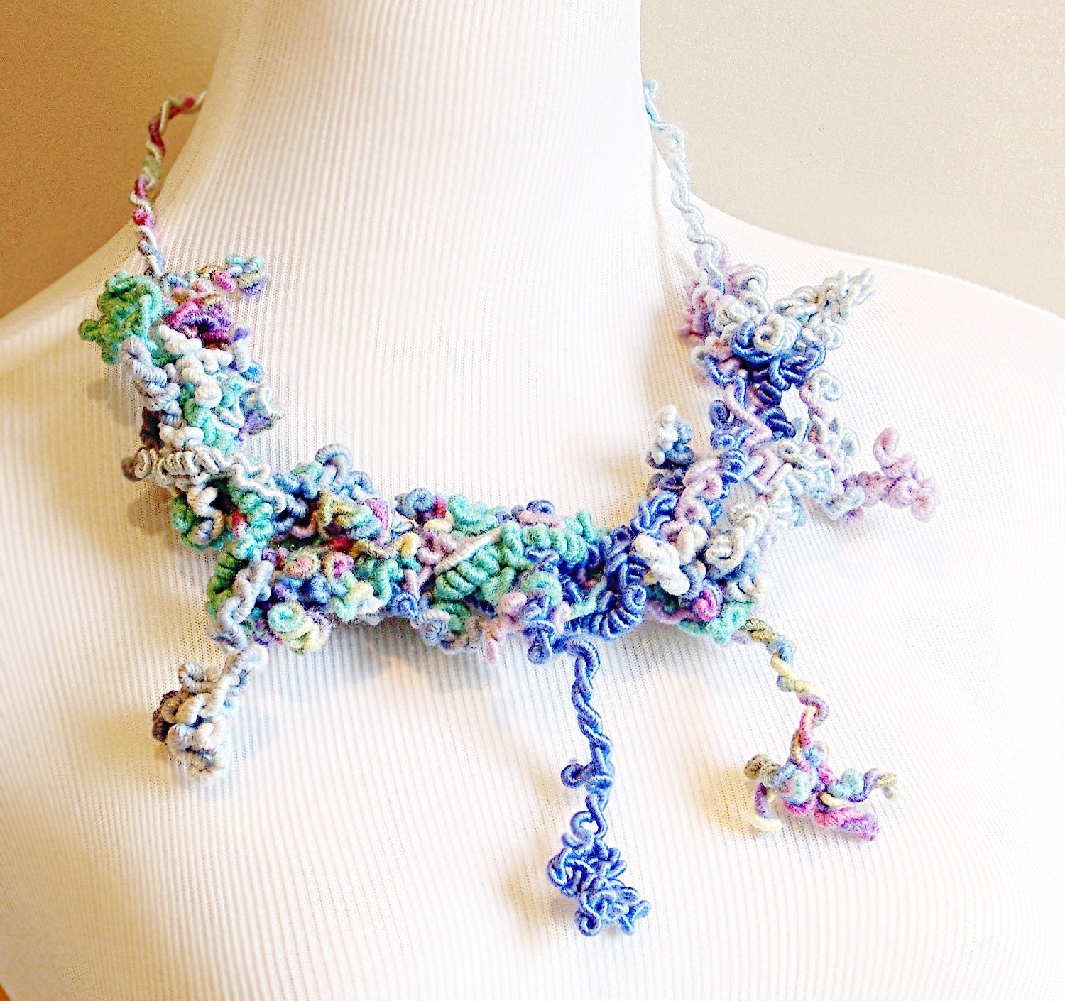 textile necklace - twisted swirly textured wearable art - periwinkle blue / lavender / white / light blue