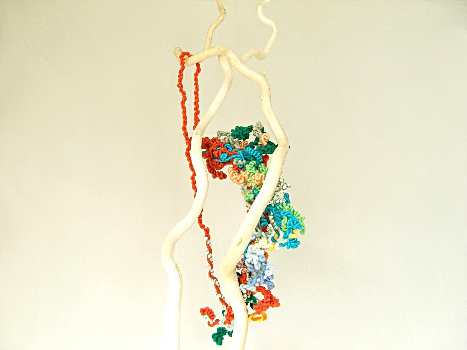 textile necklace - fiber necklace - green / orange / light blue / white