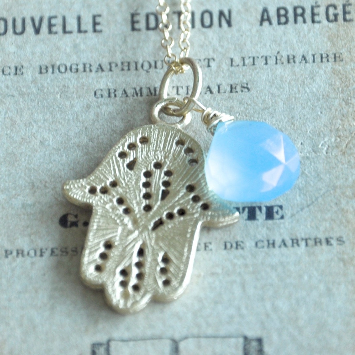 Hamsa Gold Charm Necklace with Blue Chalcedony