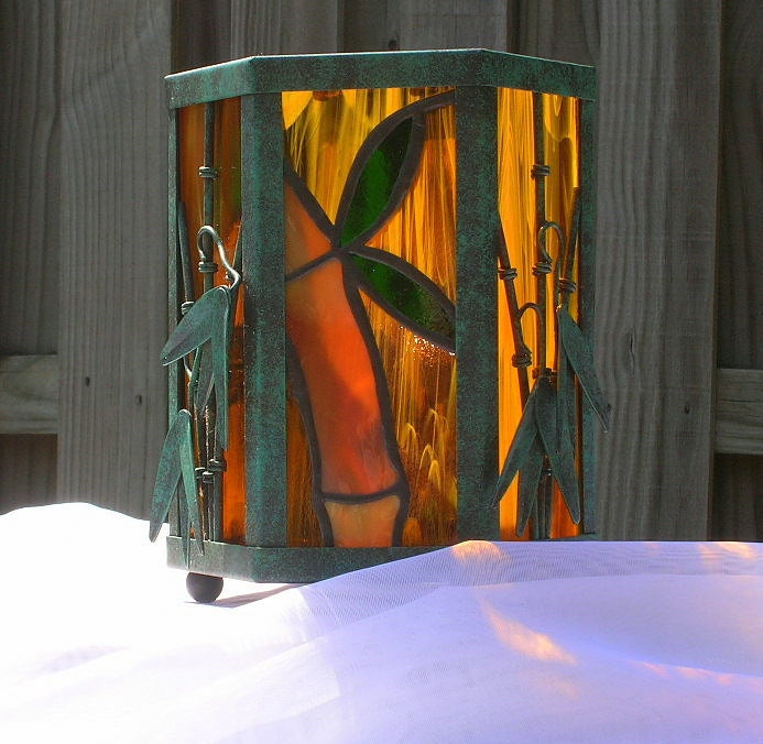 Candle holder Lantern stained glass bamboo and Asian theme