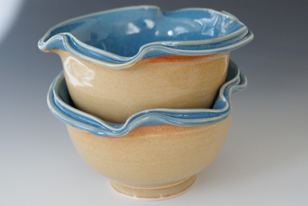 Ceramic Dessert Bowls / Blue Orange / Double Rim / Porcelain