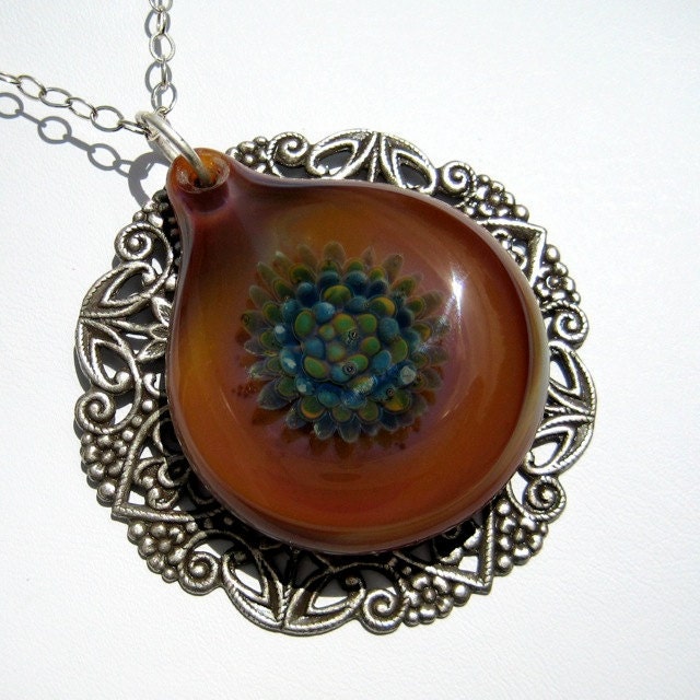 Caramel Glass Flower Pendant, Lampwork Glass