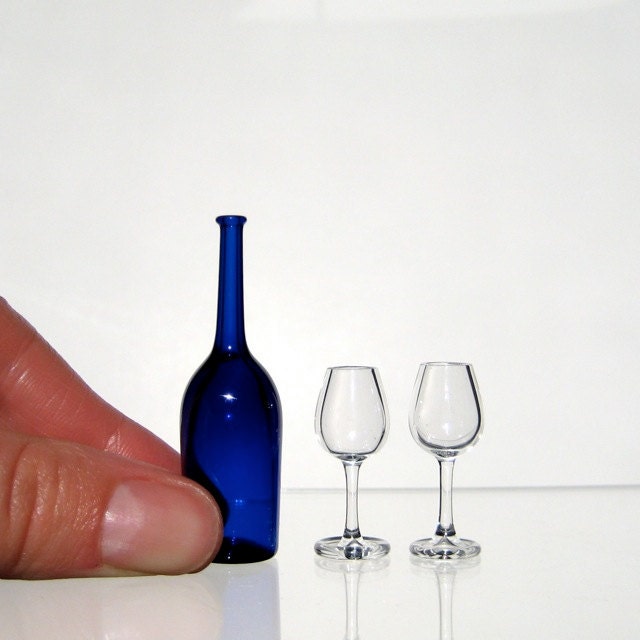 Miniature Wine Set in Blue, Hand Blown Glass