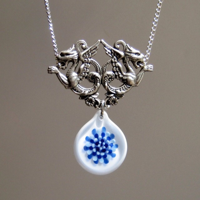 White and Blue Glass Pendant - Mythical Beast Implosion Pendant