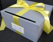 Gray and Yellow Wedding Card Box with Yellow Ribbon Bow and Personalized Tag Can Customize Flowers and Colors