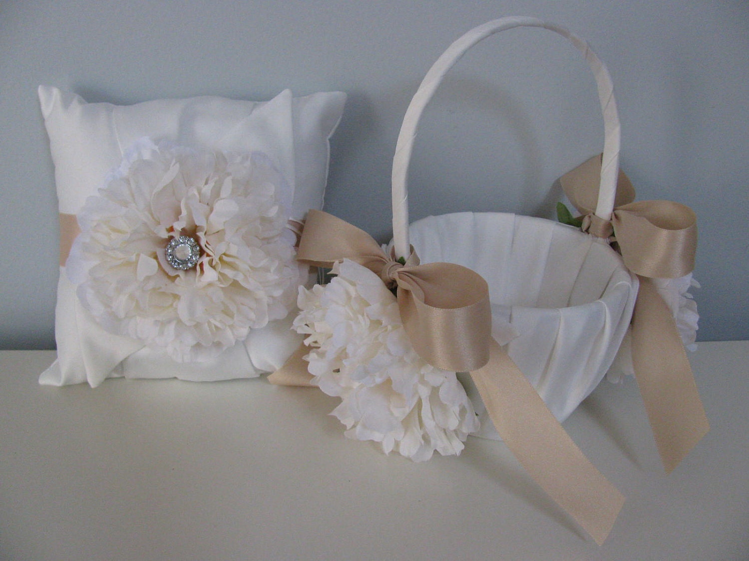 Flower Girl Basket and Ring Bearer Set of 2- Satin Ivory or White Ivory Peony Champagne/Taupe  and Rhinestone Center- You Customize