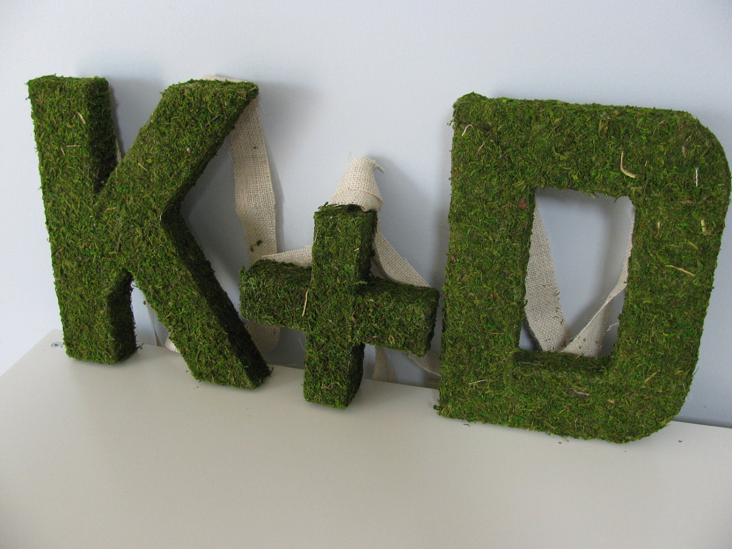 SET OF 3 Woodland Moss Covered Monogram Letter's and Plus Symbol - Using Eco-Friendly Materials Burlap