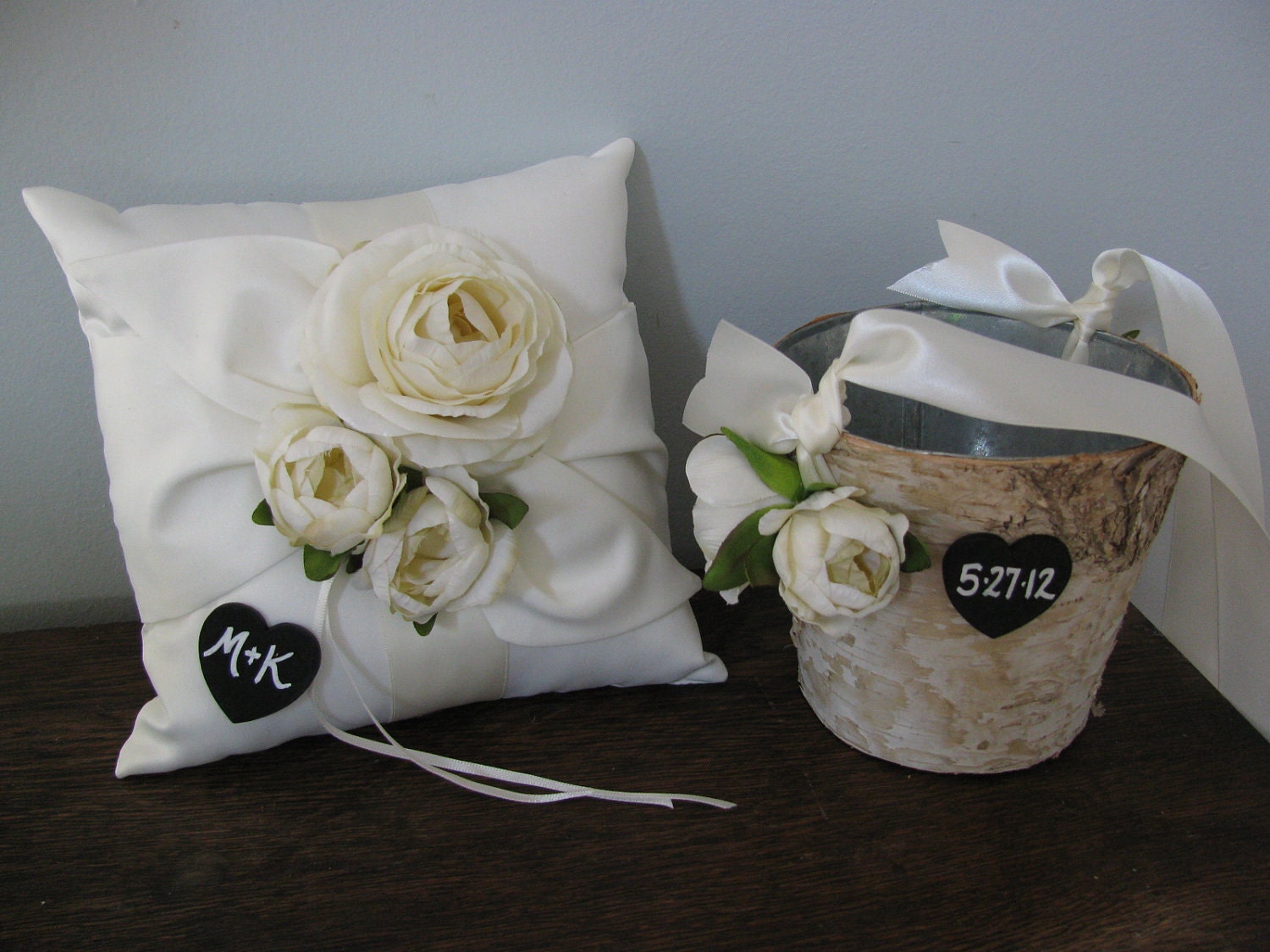 Rustic Flower Girl Basket and Ring Bearer Pillow SET Natural Birch Bark shown Ivory Ranunculus with Chalkboard Tags