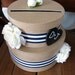 Nautical Rustic Wedding Card Box 2 tiered with Chalkboard or Wood Personalized Tag Navy & White Stripe Ribbon with White Roses