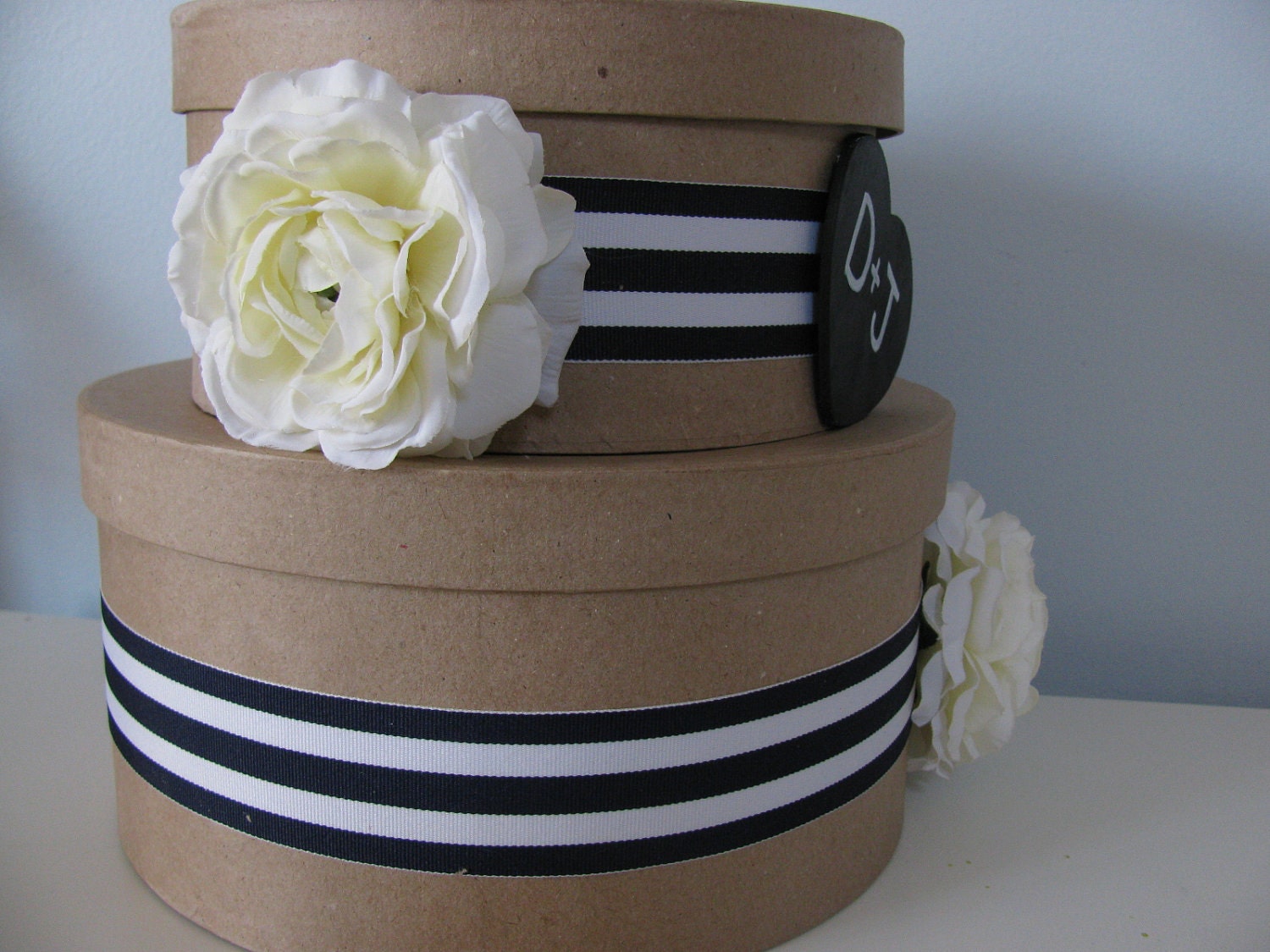 Nautical Rustic Wedding Card Box 2 tiered with Chalkboard or Wood Personalized Tag Navy & White Stripe Ribbon with White Roses