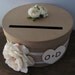 Rustic Round Wedding Card Box Wood Personalized Tag Ivory Ranunculus DIY with ivory and Burlap and large Ivory Rose