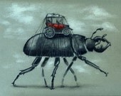 Beetle Car - Victorian Hybrid series - original graphite and colored pencil drawing on pastel colored paper