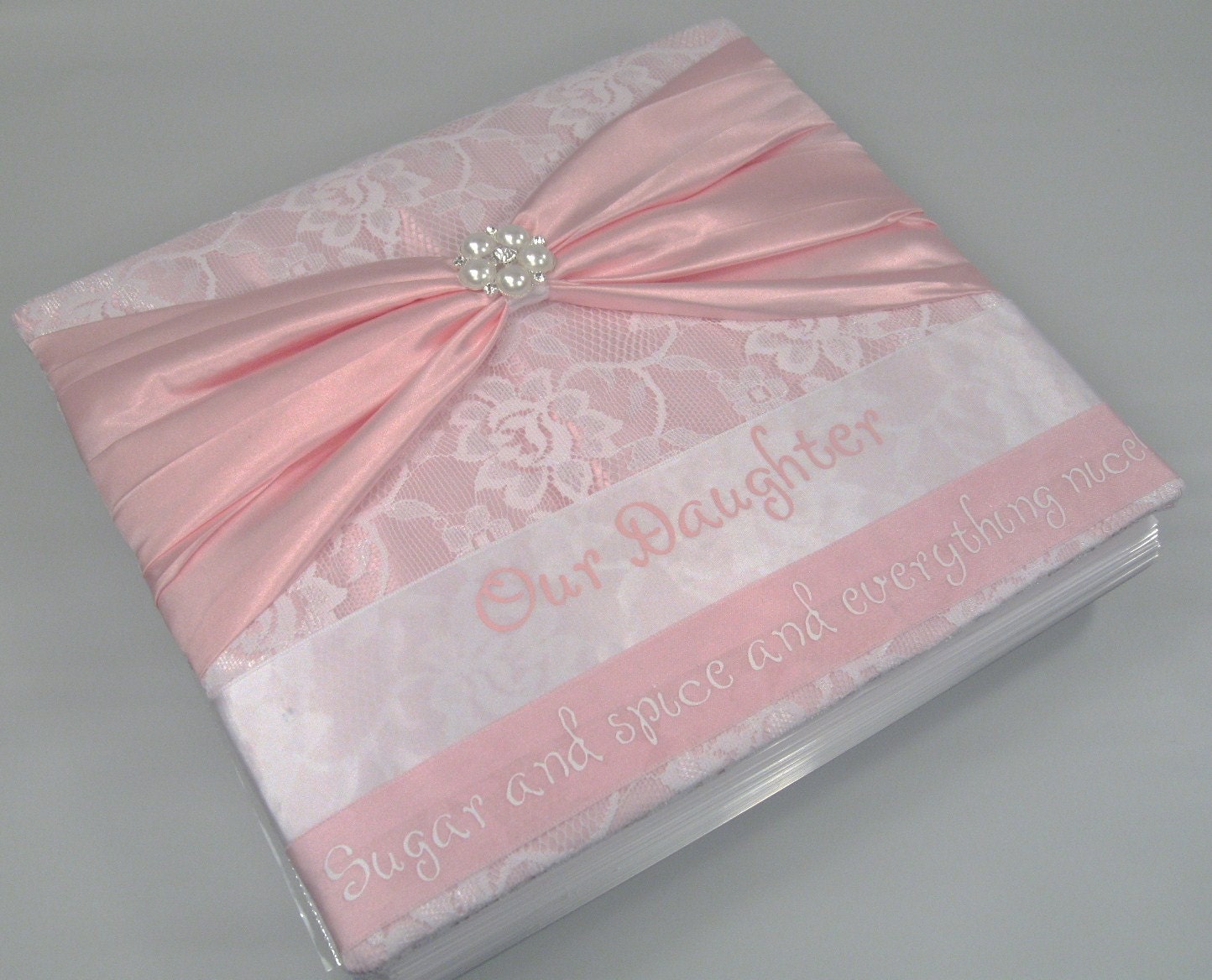 Baby memory book girl personalized LARGE custom shabby chic scrapbook personalized name pink satin white lace rhinestone 8.5x11 150 pages