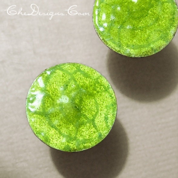 Bright Neon Lime Print Enamel Post Earrings, Handmade Sterling Silver
