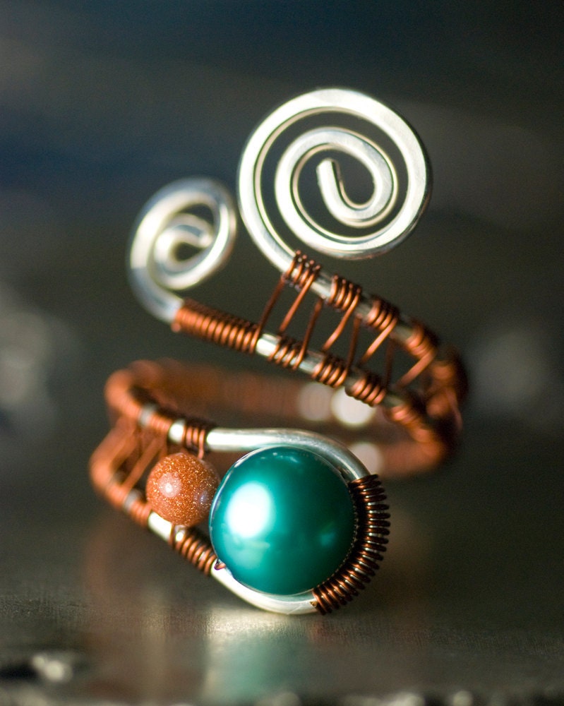 Teal Blue Ring, Sterling Silver Copper Wirework Ring - Turquoise Freshwater Pearl, Glittery Goldstone, Earthy, Amber, Brown - "Desert Sky"