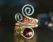 LUXE Gemstone, 14K Goldfilled, Argentium Silver Wirework Ring - AA Pyrope Garnet, Peridot, and Hessonite Garnet - "Bordeaux Summer"