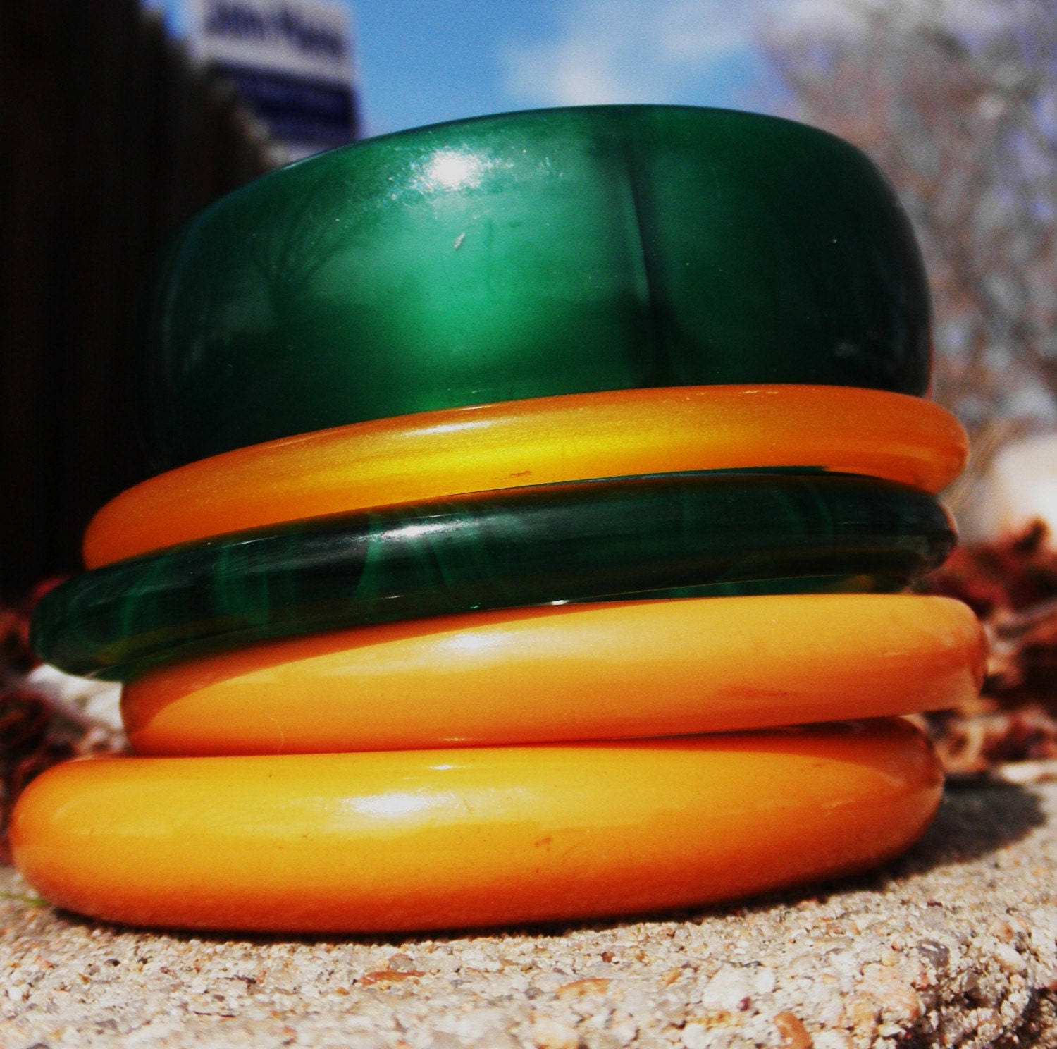 Green and Gold Bangle Set of Bakelite and Plastics