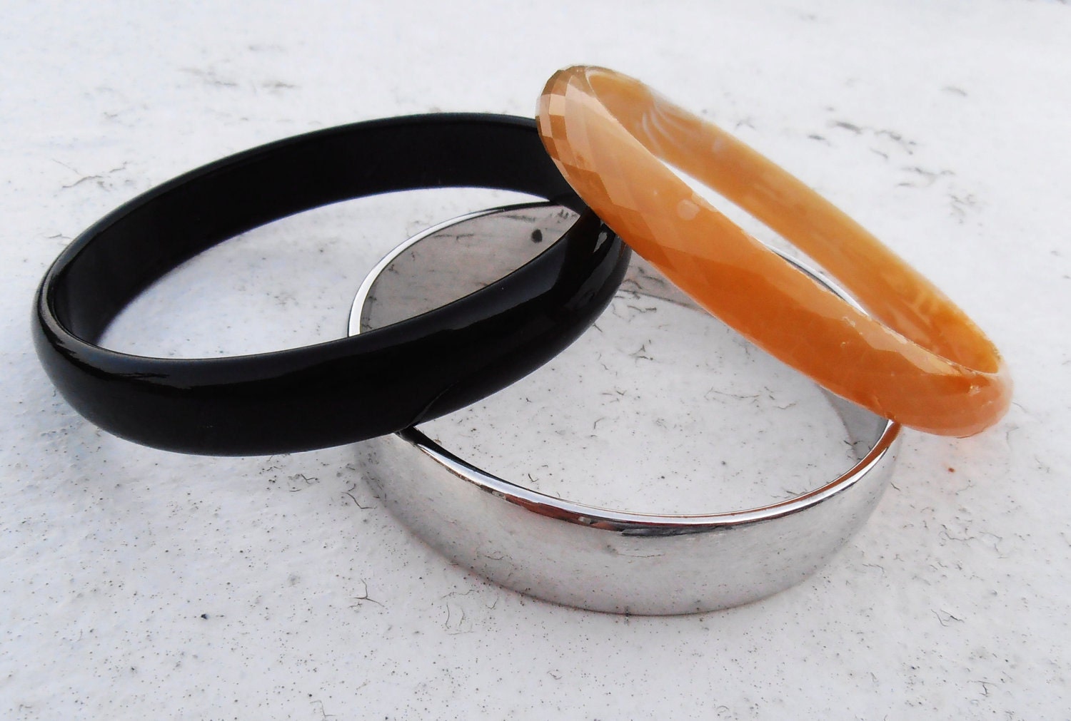 Modern Minimalist Black Silver and Gold Faceted and Mirror Bracelets by Monet