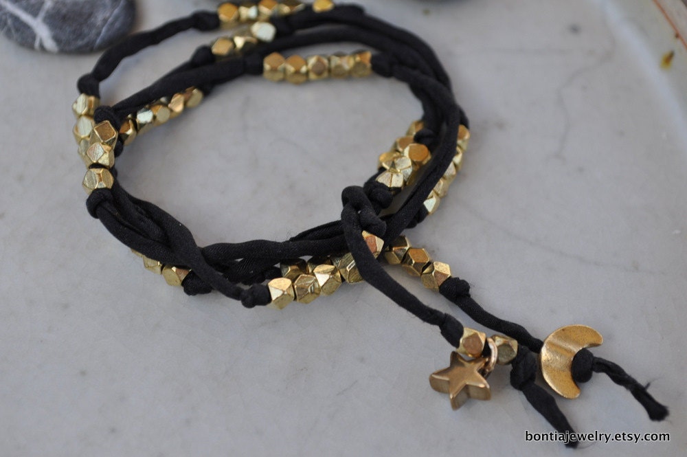 Gold Star and Moon Charm Wrap Around Silk Bracelet.