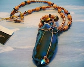 Blue Sliced Agate  Copper Wire Wrapped Necklace Pendant