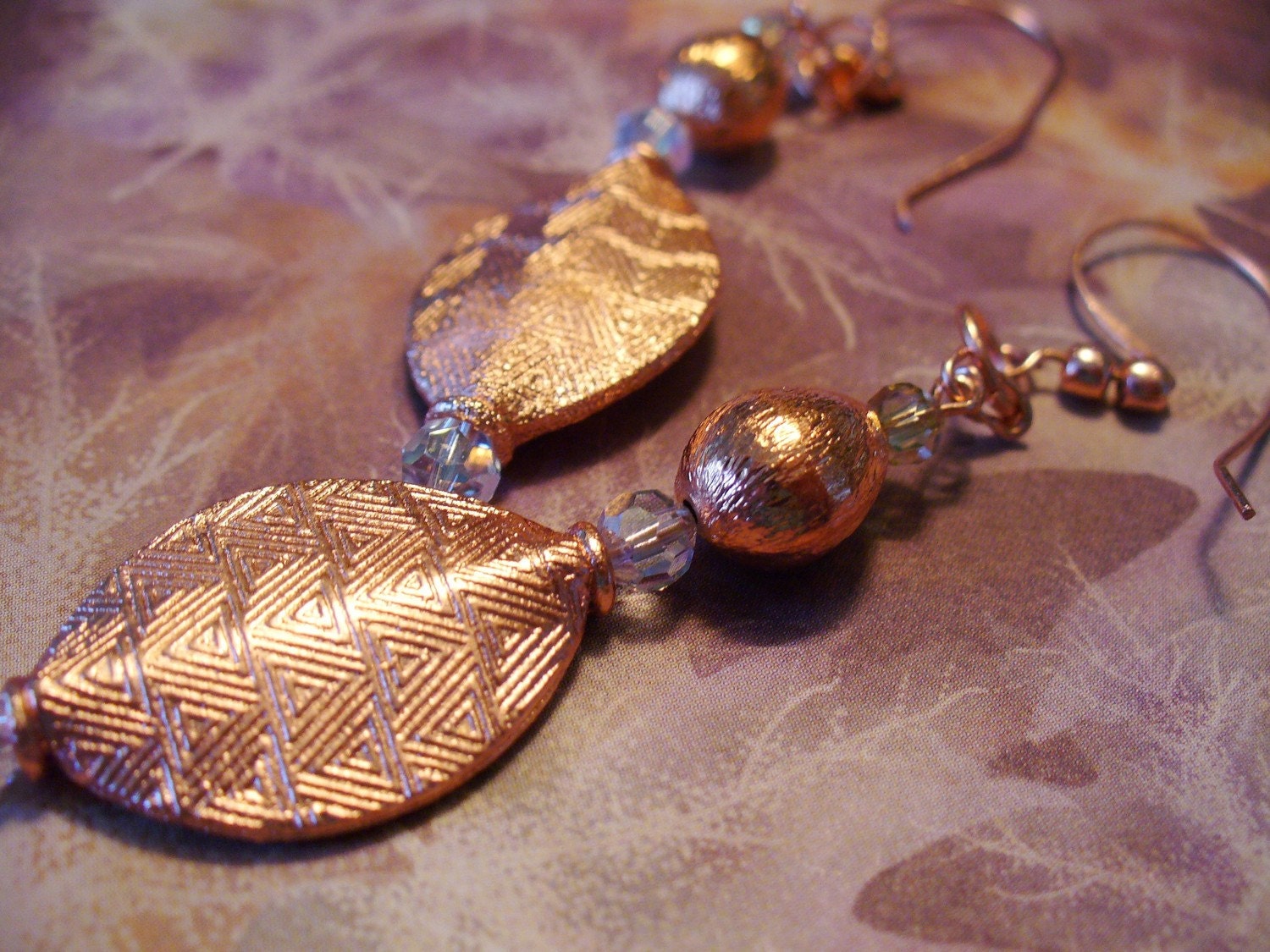 Oval Etched Copper Earrings with Crystals