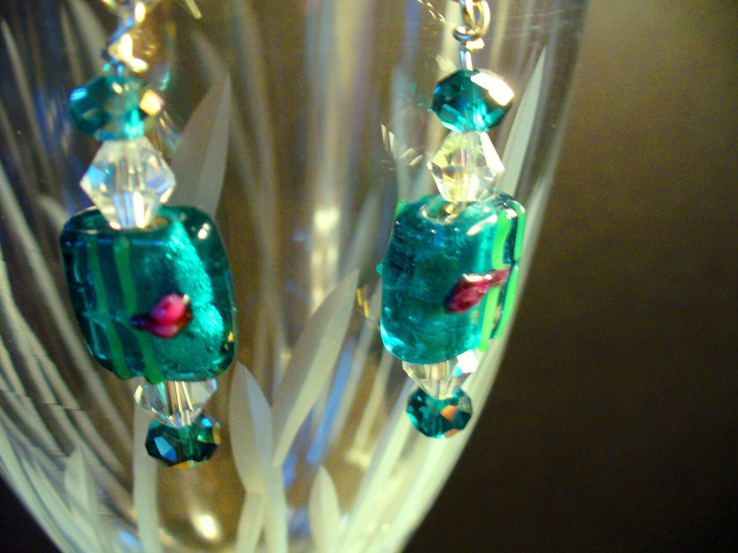 Turquoise Green Lampwork Flower Rectangle Dangle Earrings with Chinese Crystals