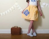 Upcycled Shirt Skirt- girls 7-  yellow gingham and blue floral applique