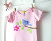 Baby Girl Bird on Branch Onesie-Pink and Blue- Handmade Bird Applique Onesie- 6m 12m 18m- Baby Shower Gift
