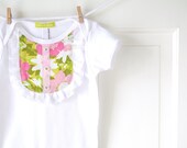 Baby Girl Ruffle Yoke Onesie- Pink and Green Vintage Watercolor Floral- Handmade- 6m 12m 18m- Baby Shower Gift- Recycled- Spring Fashion