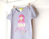 Matryoshka Doll Onesie- Pink and Grey- Handmade Nesting Doll  Onesie- 6m 12m 18m- Baby Girl Shower Gift