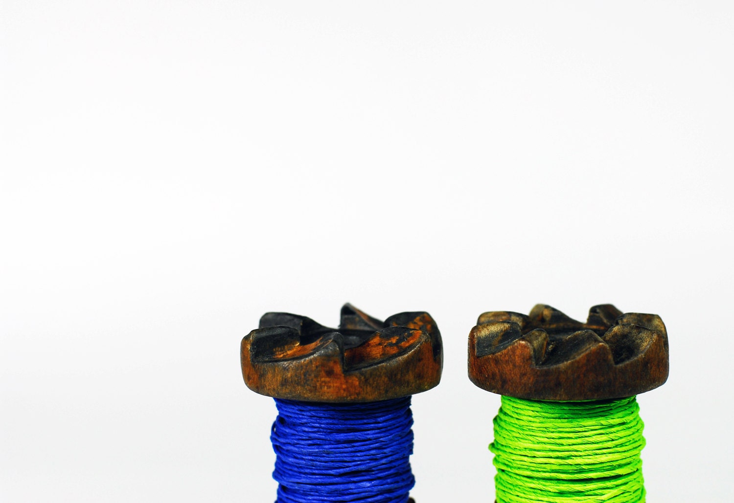 Fresh Green Paper Twine on an Old Wooden Braider's Bobbin / Lime Green Paper String